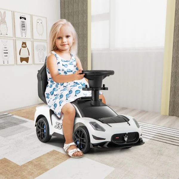 Voiture à Pousser Sous Licence Maserati 3 en 1 pour Enfants 2 Roues Universelles Direction Musicale Garde-corps Guidon pour 18-60 Mois Blanc