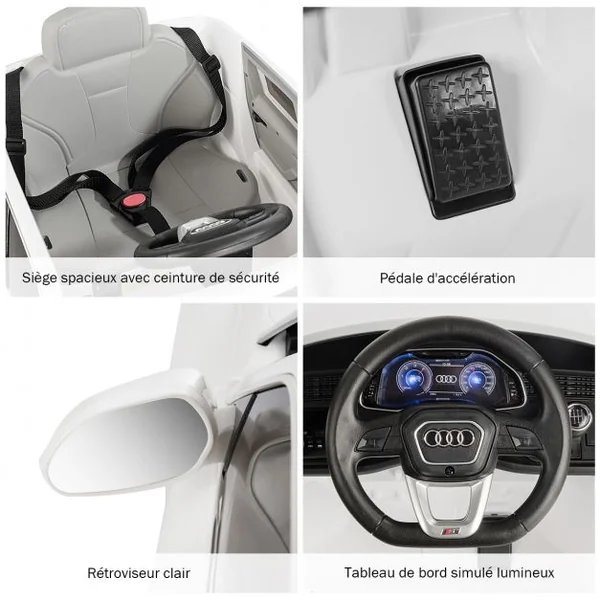 Voiture Électrique 12 V pour Enfants 2 Moteurs Vitesse Max : 5 km/h Télécommande 2.4G Lumières LED MP3 Effect Sonore Blanc