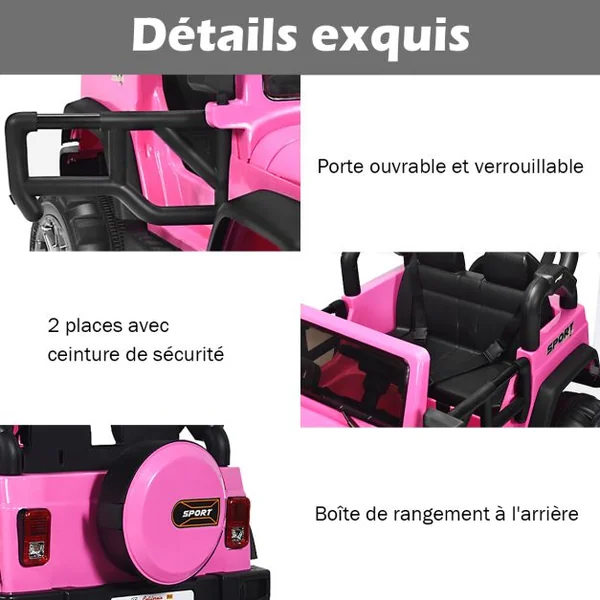 Voiture électrique 12 V Véhicule Electrique 2 Places avec Télécommande 2.4 G Suspension à Ressorts Lumières pour plus de 3 Ans Blanc/Rose/Noir/Rouge
