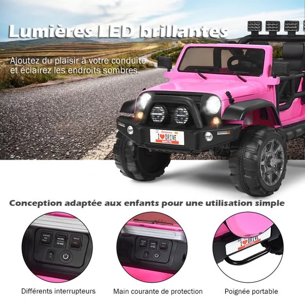 Voiture électrique 12 V Véhicule Electrique 2 Places avec Télécommande 2.4 G Suspension à Ressorts Lumières pour plus de 3 Ans Blanc/Rose/Noir/Rouge