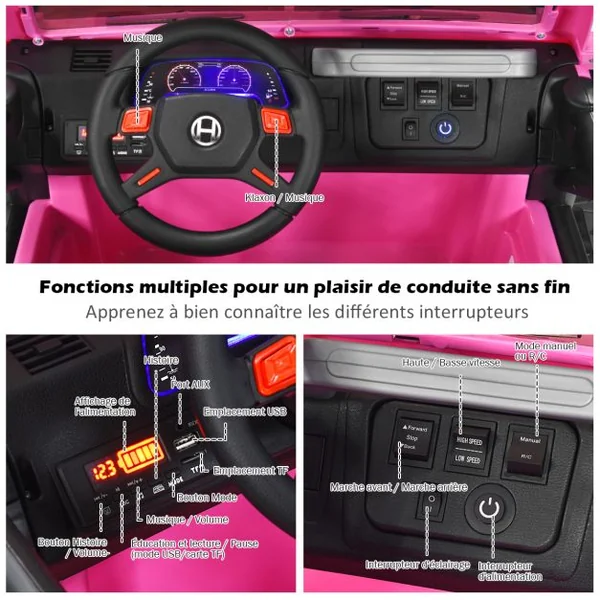 Voiture électrique 12 V Véhicule Electrique 2 Places avec Télécommande 2.4 G Suspension à Ressorts Lumières pour plus de 3 Ans Blanc/Rose/Noir/Rouge