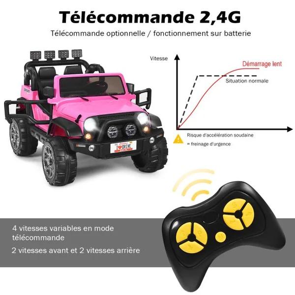 Voiture électrique 12 V Véhicule Electrique 2 Places avec Télécommande 2.4 G Suspension à Ressorts Lumières pour plus de 3 Ans Blanc/Rose/Noir/Rouge