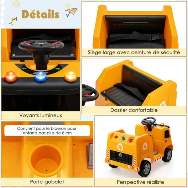 Voiture Électrique 12V de Poubelle pour Enfants 3-8 Ans 6 Accessoires de Recyclage Voyants Klaxon Musique Vert