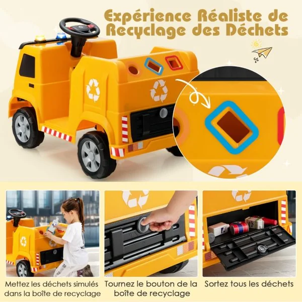 Voiture Électrique 12V de Poubelle pour Enfants 3-8 Ans 6 Accessoires de Recyclage Voyants Klaxon Musique Vert