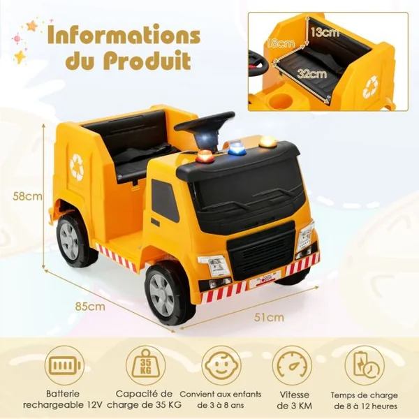 Voiture Électrique 12V de Poubelle pour Enfants 3-8 Ans 6 Accessoires de Recyclage Voyants Klaxon Musique Vert