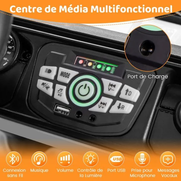 Voiture Électrique 12V Enfants avec Télécommande Affichage Batterie Roues à Bande de Roulement Démarrage Doux 3 Vitesses Blanc
