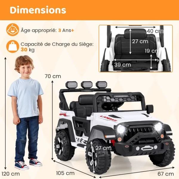 Voiture Électrique 12V Enfants avec Télécommande Affichage Batterie Roues à Bande de Roulement Démarrage Doux 3 Vitesses Blanc