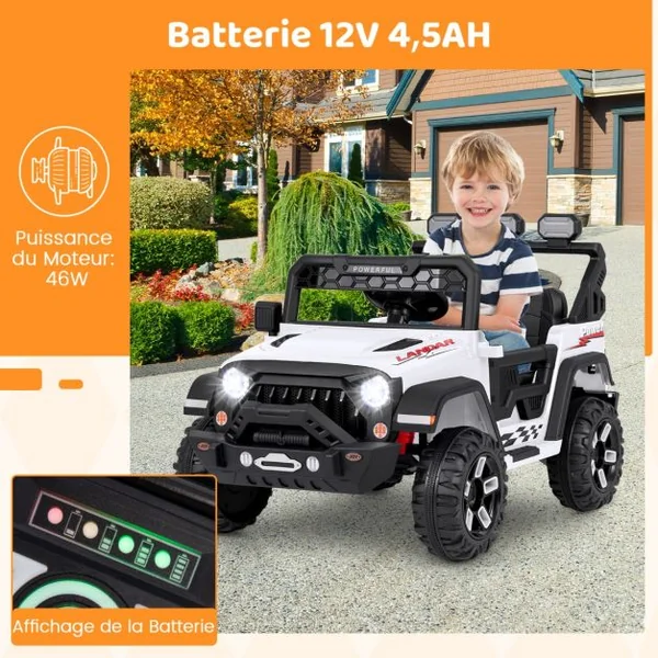 Voiture Électrique 12V Enfants avec Télécommande Affichage Batterie Roues à Bande de Roulement Démarrage Doux 3 Vitesses Blanc