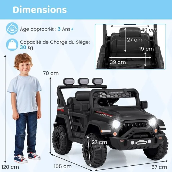 Voiture Électrique 12V Enfants avec Télécommande Affichage Batterie Roues à Bande de Roulement Démarrage Doux 3 Vitesses Noir