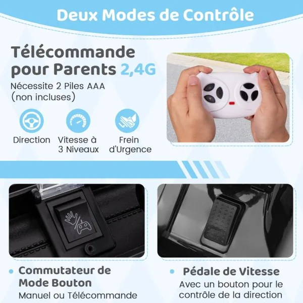Voiture Électrique 12V Enfants avec Télécommande Affichage Batterie Roues à Bande de Roulement Démarrage Doux 3 Vitesses Noir