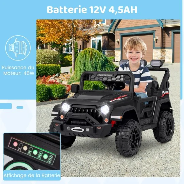 Voiture Électrique 12V Enfants avec Télécommande Affichage Batterie Roues à Bande de Roulement Démarrage Doux 3 Vitesses Noir