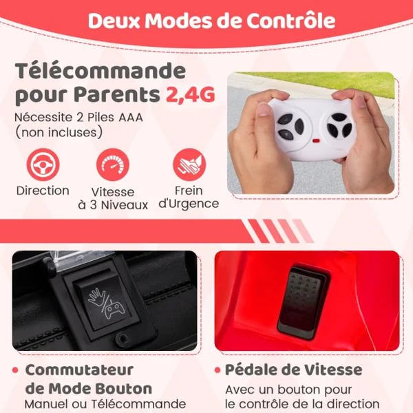 Voiture Électrique 12V Enfants avec Télécommande Affichage Batterie Roues à Bande de Roulement Démarrage Doux 3 Vitesses Rouge