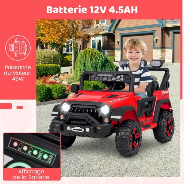 Voiture Électrique 12V Enfants avec Télécommande Affichage Batterie Roues à Bande de Roulement Démarrage Doux 3 Vitesses Rouge
