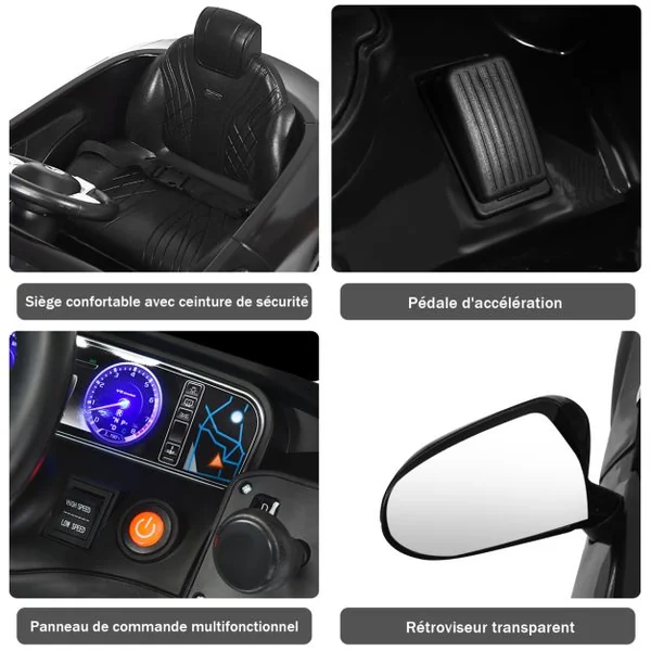 Voiture Électrique 12V pour Enfants 3-8Ans V. 2-5 km/h avec Télécommande 2.4 G Effets Sonores et Lumineux 120x70x52cm Noir