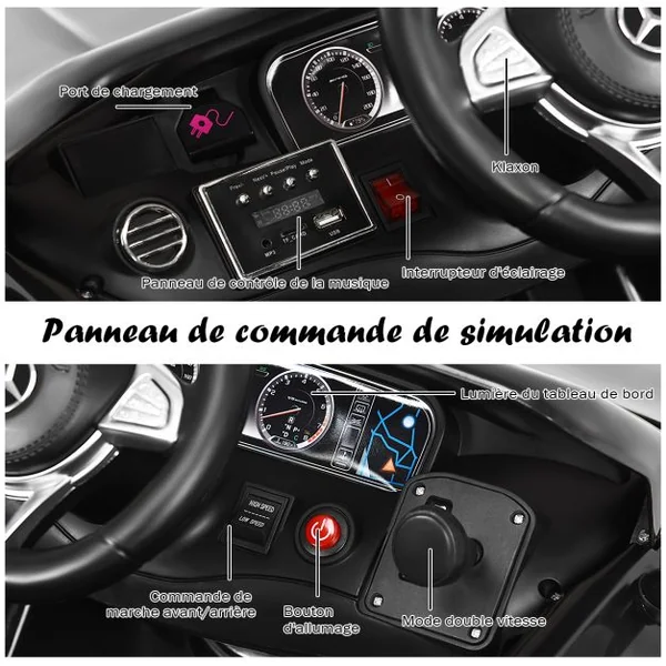 Voiture Électrique 12V pour Enfants 3-8Ans V. 2-5 km/h avec Télécommande 2.4 G Effets Sonores et Lumineux 120x70x52cm Noir