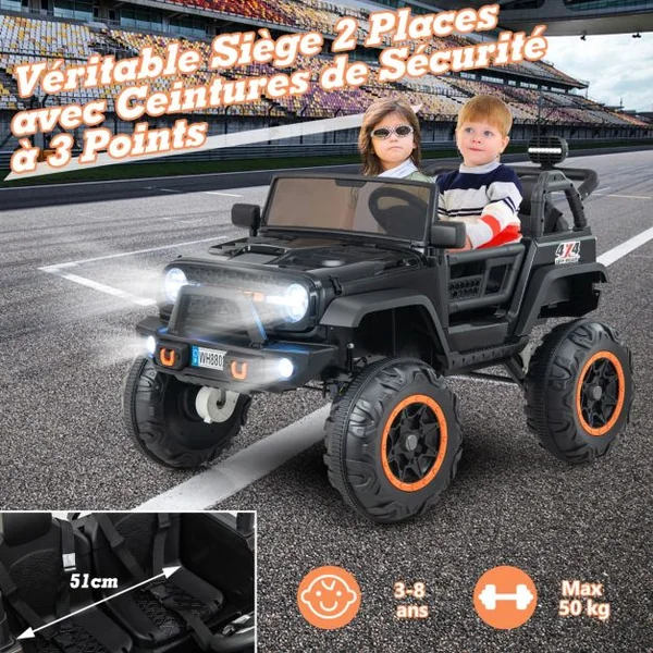 Voiture Électrique 24v pour Enfants 2 Places Télécommande Musique Histoire Klaxon Usb Fonction de Démarrage Lent Suspensions à Ressort Noir