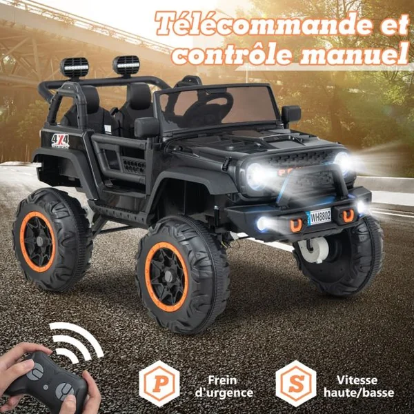 Voiture Électrique 24v pour Enfants 2 Places Télécommande Musique Histoire Klaxon Usb Fonction de Démarrage Lent Suspensions à Ressort Noir
