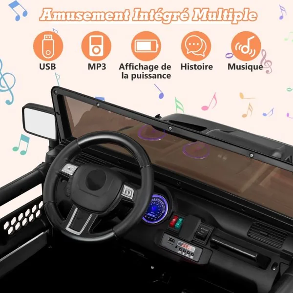 Voiture Électrique 24v pour Enfants 2 Places Télécommande Musique Histoire Klaxon Usb Fonction de Démarrage Lent Suspensions à Ressort Noir
