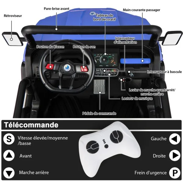 Voiture Électrique 2 Places Enfant 12V 2 Moteurs avec Télécommande 2,4 G 3-8 KM/H Charge 50KG 3-8 Ans Bleu