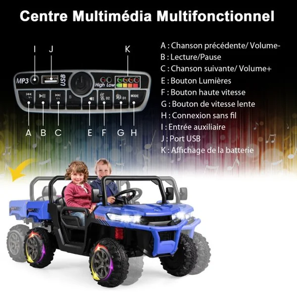 Voiture Électrique 2 Places Enfant 12V 2 Moteurs avec Télécommande 2,4 G 3-8 KM/H Charge 50KG 3-8 Ans Bleu
