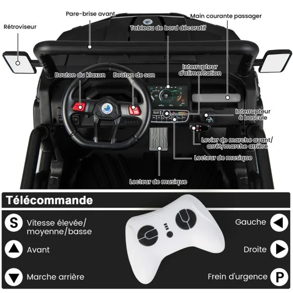 Voiture Électrique 2 Places Enfant 12V 2 Moteurs avec Télécommande 2,4 G 3-8 KM/H Charge 50KG 3-8 Ans Noir