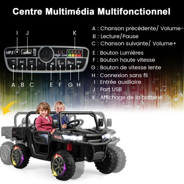 Voiture Électrique 2 Places Enfant 12V 2 Moteurs avec Télécommande 2,4 G 3-8 KM/H Charge 50KG 3-8 Ans Noir