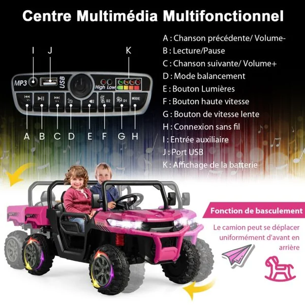 Voiture Électrique 2 Places Enfant 12V 2 Moteurs avec Télécommande 2,4 G 3-8 KM/H Charge 50KG 3-8 Ans Rose