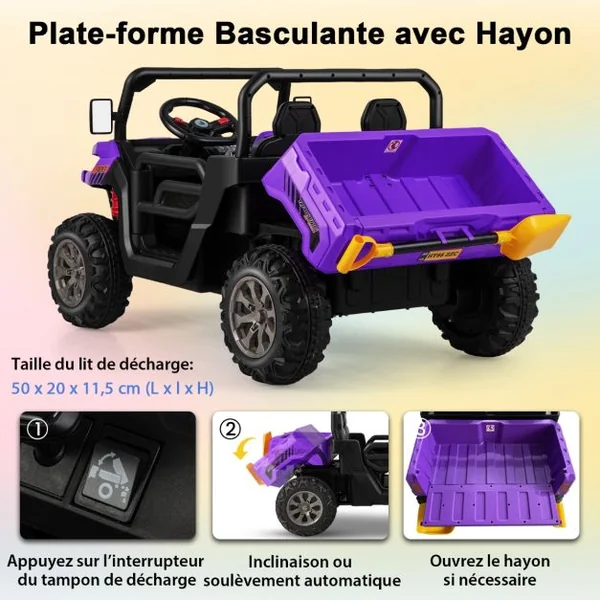 Voiture Électrique 2 Places Enfant 12V 2 Moteurs avec Télécommande 2,4 G 3-8 KM/H Charge 50KG 3-8 Ans Violet