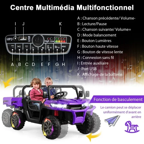 Voiture Électrique 2 Places Enfant 12V 2 Moteurs avec Télécommande 2,4 G 3-8 KM/H Charge 50KG 3-8 Ans Violet