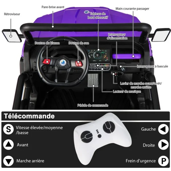 Voiture Électrique 2 Places Enfant 12V 2 Moteurs avec Télécommande 2,4 G 3-8 KM/H Charge 50KG 3-8 Ans Violet