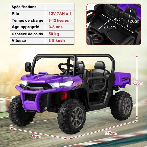 Voiture Électrique 2 Places Enfant 12V 2 Moteurs avec Télécommande 2,4 G 3-8 KM/H Charge 50KG 3-8 Ans Violet