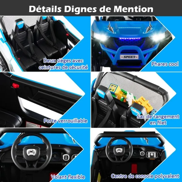 Voiture électrique Enfant 12 V Télécommande pour 3-8 Ans 2 Vitesses Ressort de Suspension Charge 59KG 118x74x71CM Bleu/Jaune/Blanc