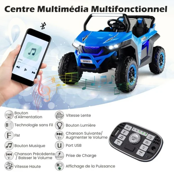 Voiture électrique Enfant 12 V Télécommande pour 3-8 Ans 2 Vitesses Ressort de Suspension Charge 59KG 118x74x71CM Bleu/Jaune/Blanc