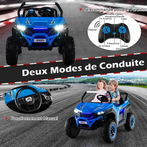 Voiture électrique Enfant 12 V Télécommande pour 3-8 Ans 2 Vitesses Ressort de Suspension Charge 59KG 118x74x71CM Bleu/Jaune/Blanc