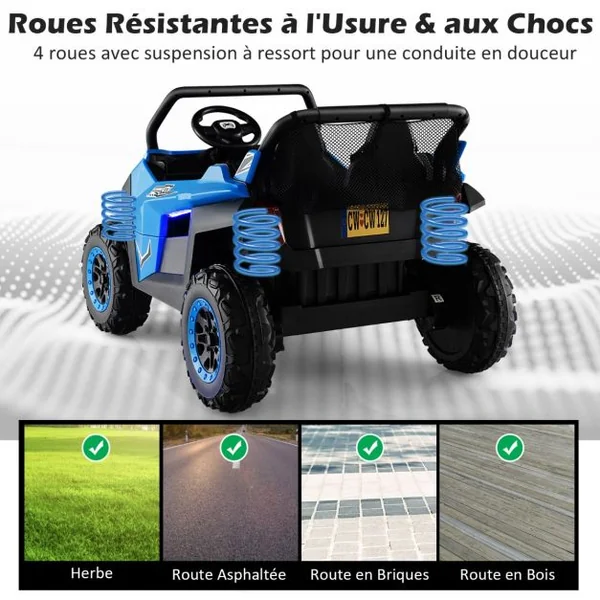 Voiture électrique Enfant 12 V Télécommande pour 3-8 Ans 2 Vitesses Ressort de Suspension Charge 59KG 118x74x71CM Bleu/Jaune/Blanc