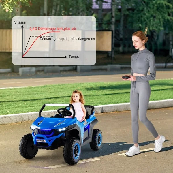 Voiture électrique Enfant 12 V Télécommande pour 3-8 Ans 2 Vitesses Ressort de Suspension Charge 59KG 118x74x71CM Bleu/Jaune/Blanc