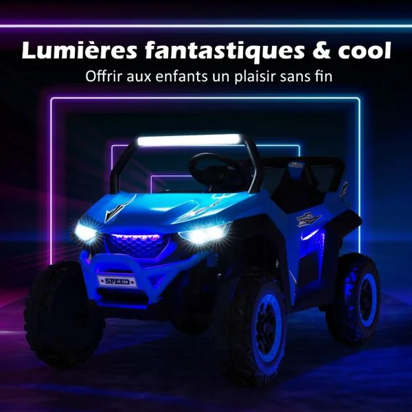 Voiture électrique Enfant 12 V Télécommande pour 3-8 Ans 2 Vitesses Ressort de Suspension Charge 59KG 118x74x71CM Bleu/Jaune/Blanc