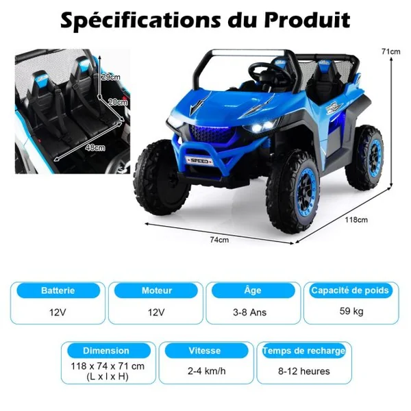 Voiture électrique Enfant 12 V Télécommande pour 3-8 Ans 2 Vitesses Ressort de Suspension Charge 59KG 118x74x71CM Bleu/Jaune/Blanc