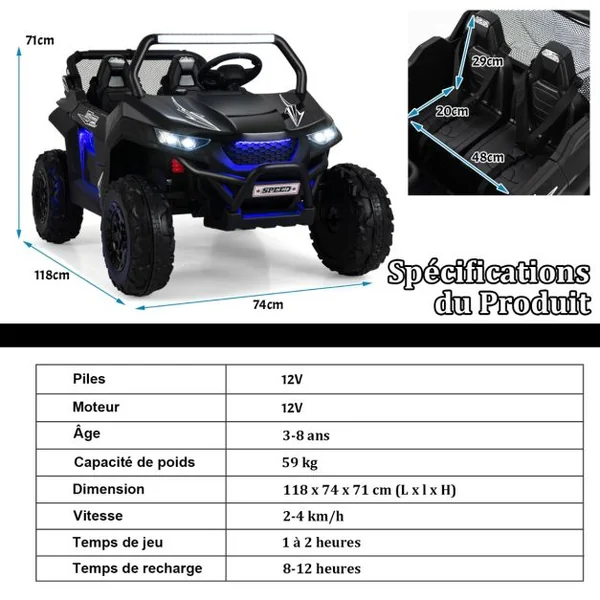 Voiture électrique Enfant 12 V Télécommande pour 3-8 Ans 2 Vitesses Ressort de Suspension Charge 59KG 118x74x71CM Noir/Rose/Rouge