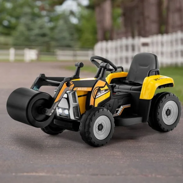 Voiture Électrique Enfants 12V Tracteur avec Rouleau Compresseur Télécommande Lumières Klaxon Bleu