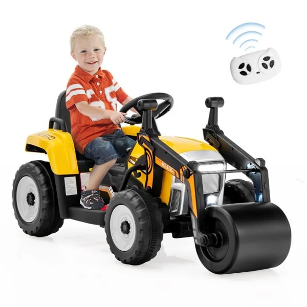 Voiture Électrique Enfants 12V Tracteur avec Rouleau Compresseur Télécommande Lumières Klaxon Bleu