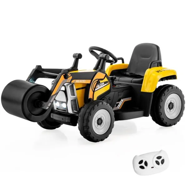 Voiture Électrique Enfants 12V Tracteur avec Rouleau Compresseur Télécommande Lumières Klaxon Bleu