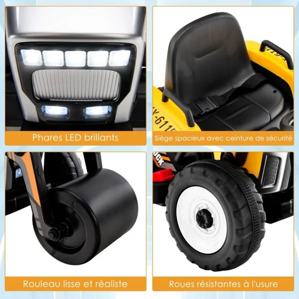 Voiture Électrique Enfants 12V Tracteur avec Rouleau Compresseur Télécommande Lumières Klaxon Bleu