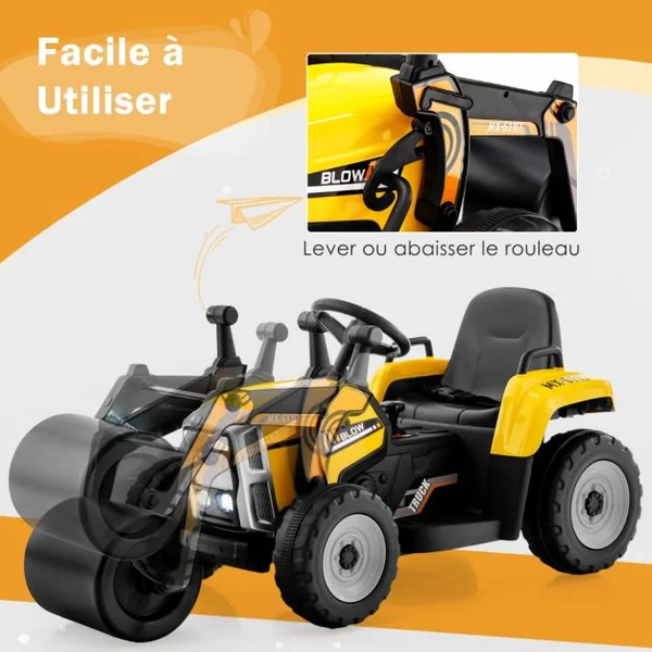 Voiture Électrique Enfants 12V Tracteur avec Rouleau Compresseur Télécommande Lumières Klaxon Bleu