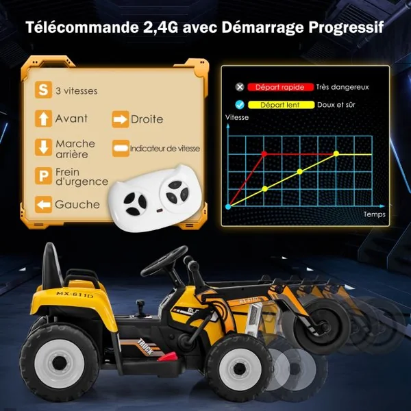 Voiture Électrique Enfants 12V Tracteur avec Rouleau Compresseur Télécommande Lumières Klaxon Bleu