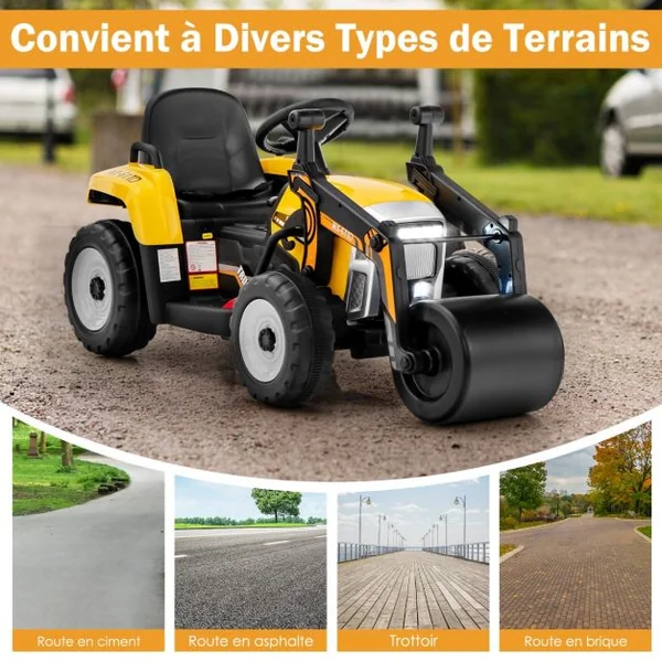 Voiture Électrique Enfants 12V Tracteur avec Rouleau Compresseur Télécommande Lumières Klaxon Bleu