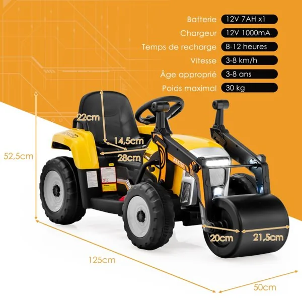 Voiture Électrique Enfants 12V Tracteur avec Rouleau Compresseur Télécommande Lumières Klaxon Bleu