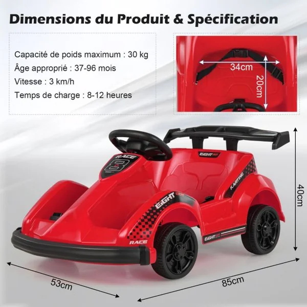 Voiture Électrique Kart pour Enfants 6V/500 mA Télécommande 2,4G - 3 km/h Effets Sonores et Musique 3-8 Ans Rouge