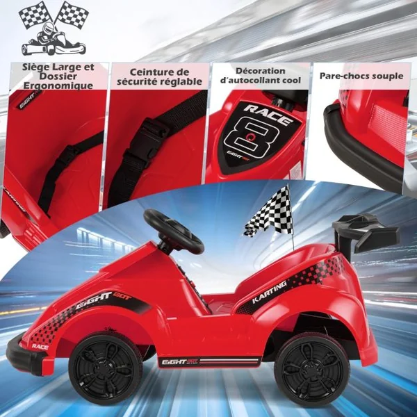 Voiture Électrique Kart pour Enfants 6V/500 mA Télécommande 2,4G - 3 km/h Effets Sonores et Musique 3-8 Ans Rouge