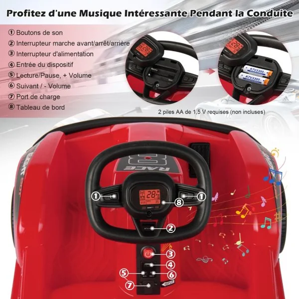 Voiture Électrique Kart pour Enfants 6V/500 mA Télécommande 2,4G - 3 km/h Effets Sonores et Musique 3-8 Ans Rouge